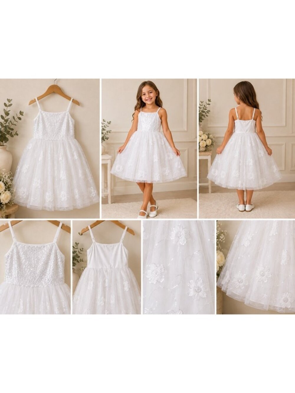 Zenzi Girls White Sequin Tulle Floral Dress Flower Girl Wedding Party Medium